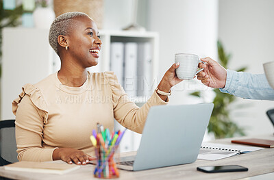 Buy stock photo Smile, black woman at desk and coffee break in creative office with laptop and cup in hands. Gratitude, tea time and happy African businesswoman at computer at startup business with mug from coworker