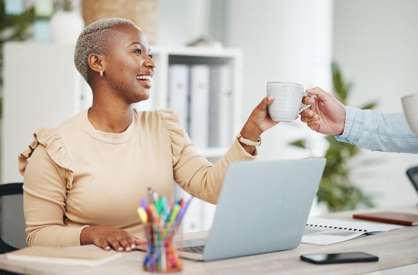 Buy stock photo Smile, black woman at desk and coffee break in creative office with laptop and cup in hands. Gratitude, tea time and happy African businesswoman at computer at startup business with mug from coworker