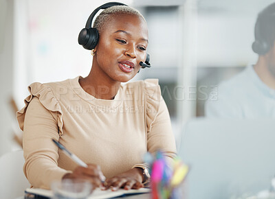 Buy stock photo Call center and writing black woman consultant in office talking, technical support or advisory service planning. Contact agent or virtual person speaking in telemarketing, telecom or online business
