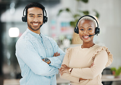 Buy stock photo Business people, call center and portrait smile with arms crossed for teamwork collaboration in customer service at the office. Happy asian man and black woman consultant smiling for online advice