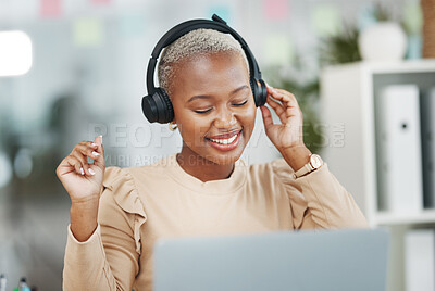 Buy stock photo Dance, happy and black woman with music during work, radio break and listening to audio. Smile, stress relief and dancing African employee with headphones for streaming a podcast, songs and playlist