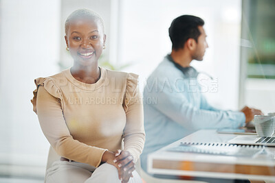 Buy stock photo Portrait, business smile and black woman in office with coworker and pride for career or profession. Boss, professional and happy, confident and proud African female entrepreneur with success mindset
