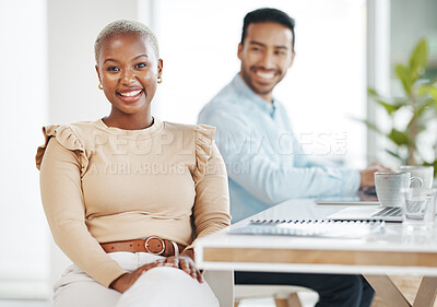 Buy stock photo Portrait, business smile and black woman in office with coworker and pride for career or profession. Boss, professional and happy, confident and proud African female entrepreneur with success mindset