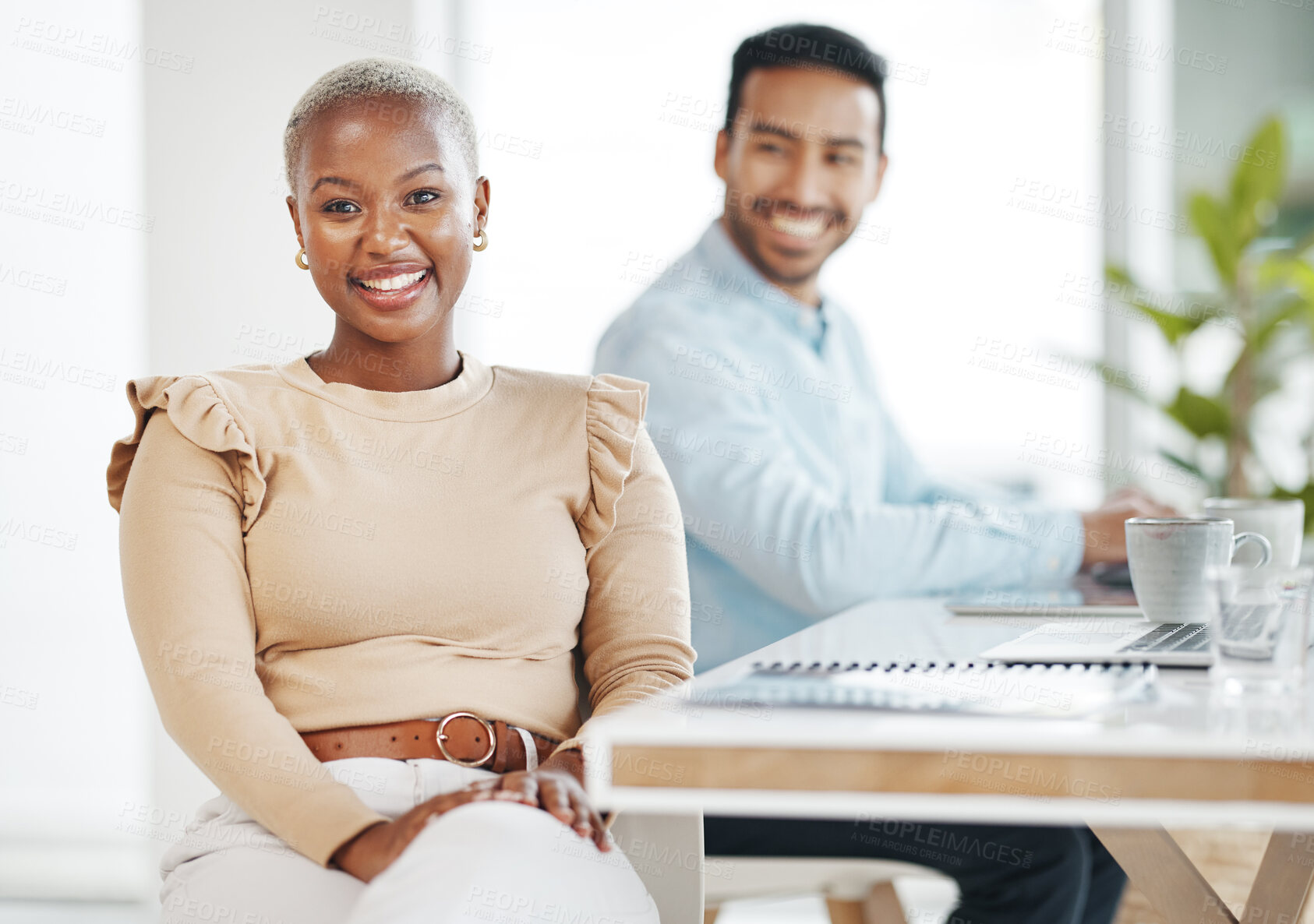 Buy stock photo Portrait, business smile and black woman in office with coworker and pride for career or profession. Boss, professional and happy, confident and proud African female entrepreneur with success mindset