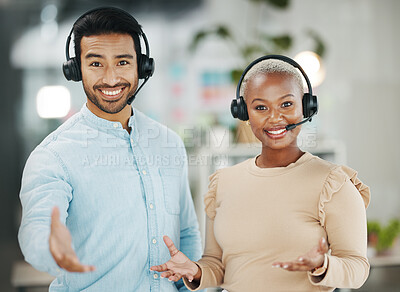Buy stock photo Business people, call center and portrait smile for teamwork collaboration in customer service at the office. Happy asian man and black woman consultant or agent smiling for online advice or help