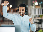 Asian man, call center and celebration for winning, sale or discount on laptop in telemarketing at office. Happy and excited male consultant agent in joy for win, victory or achievement on computer