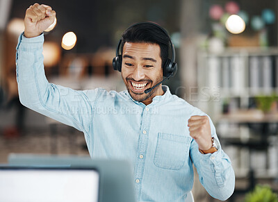 Buy stock photo Asian man, call center and celebration for winning, sale or discount on laptop in telemarketing at office. Happy and excited male consultant agent in joy for win, victory or achievement on computer