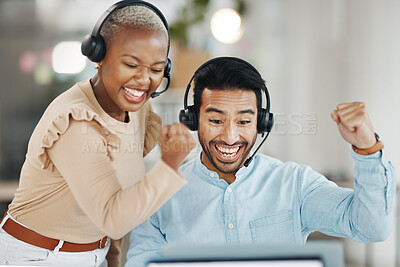 Buy stock photo Asian man, call center and team celebration for winning, bonus or discount sale on laptop in telemarketing at office. Happy and excited male consultant with colleague for win, victory or promotion