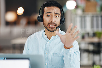 Buy stock photo Customer support, video conference portrait and man talking on telemarketing communication, contact us CRM or telecom. Ecommerce consulting, call center and tech support consultant on online webinar