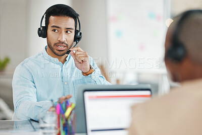 Buy stock photo Customer support, office headset and man talking on telemarketing communication, contact us CRM or ERP telecom. Male ecommerce consultant, call center service or tech support consulting on microphone