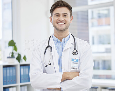 Buy stock photo Smile, doctor and portrait of man in hospital with crossed arms for wellness, medicine and medical care. Healthcare, insurance and happy health worker in clinic for consulting, trust and stethoscope