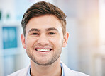 Smile, doctor face and portrait of man in hospital with for wellness, medicine and medical care. Healthcare, insurance and closeup of happy health worker in clinic for consulting, trust and mockup