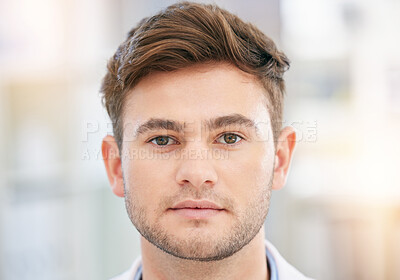 Buy stock photo Face, serious doctor and portrait of man in hospital for wellness, medicine and medical care. Healthcare mockup, insurance and closeup of health worker in clinic for consulting, trust and support