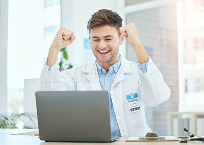 Buy stock photo Success, medical and laptop with doctor in hospital and cheering for celebration, report or achievement. Winner, research and technology with man reading good news for healthcare, medicine or science