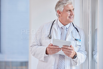 Buy stock photo Thinking, man and doctor with tablet, healthcare or idea for solution, diagnosis or planning. Mature male, medical professional or worker with device, wonder or online research for wellness or window