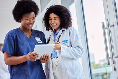 Buy stock photo Tablet, medical or teamwork with a doctor and nurse talking in the hospital while doing research. Healthcare, collaboration and trust with professional colleagues in medicine working in a clinic