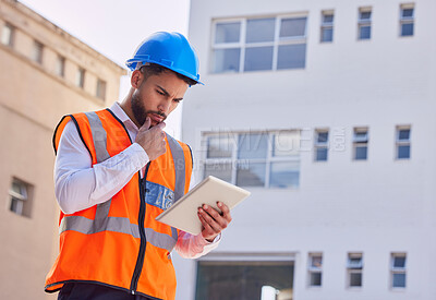 Buy stock photo Tablet, thinking and engineering man, construction worker or building contractor contemplating or ideas for urban design. Architecture, city planning and builder inspection on digital technology app