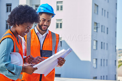Buy stock photo Architecture, blueprint and teamwork with people on construction site for inspection, development or project management. Engineering, buildings and designer with man and black woman for floor plan