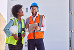 Architecture, tablet and teamwork with people on construction site for inspection, planning or project management. Engineering, buildings and designer with man and black woman in city for development