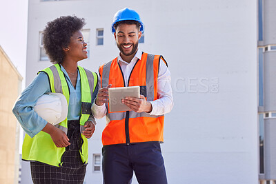 Buy stock photo Architecture, tablet and teamwork with people on construction site for inspection, planning or project management. Engineering, buildings and designer with happy man and black woman for development