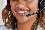 Telecom, call center or mouth of happy woman in lead generation for communications company. Friendly smile, crm or zoom of Indian girl sales agent working online in technical or customer support