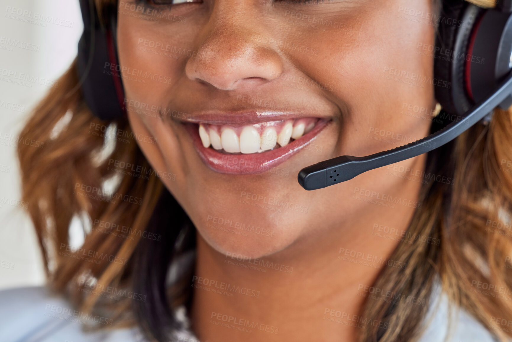 Buy stock photo Telecom, call center or mouth of happy woman in lead generation for communications company. Friendly smile, crm or zoom of Indian girl sales agent working online in technical or customer support