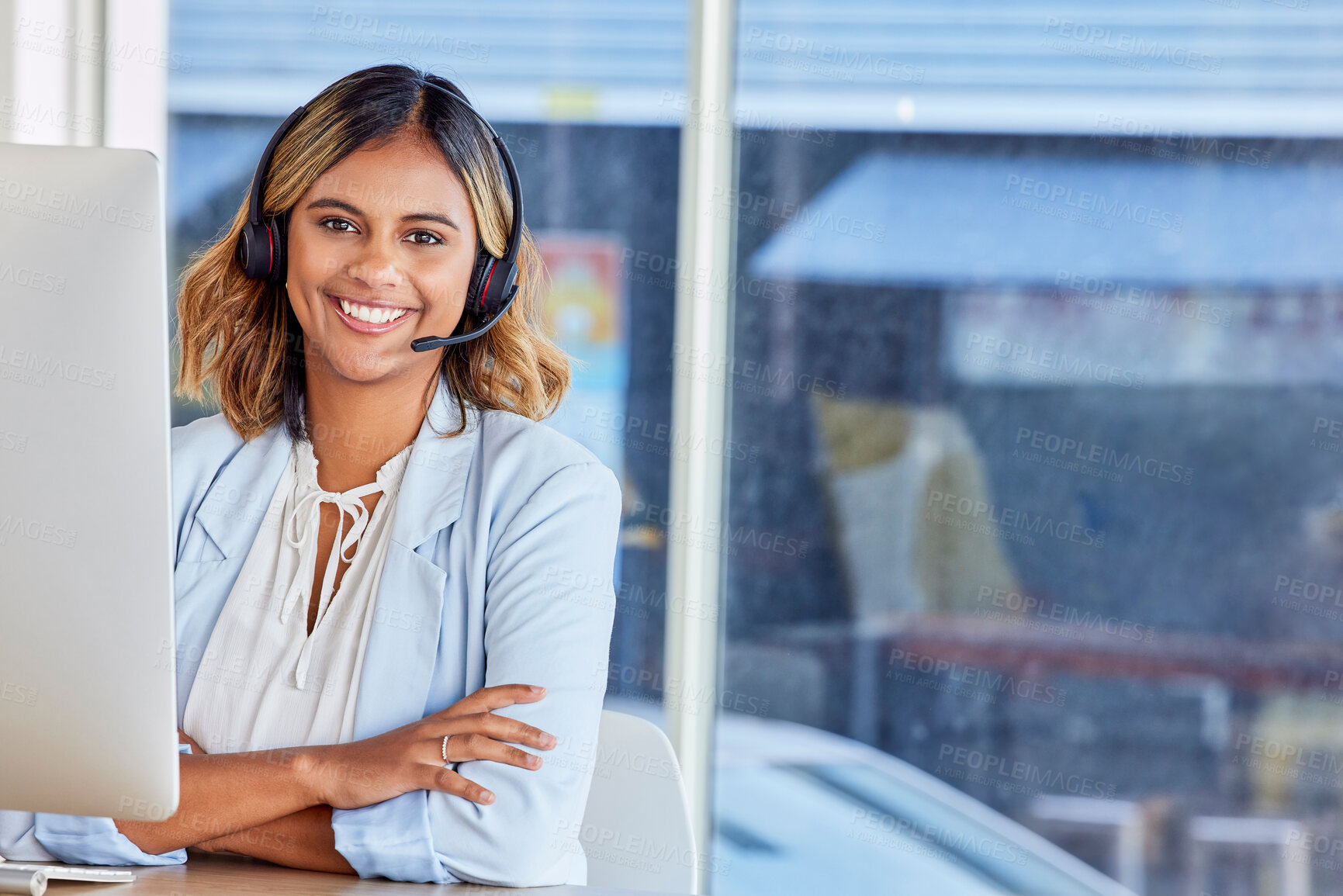 Buy stock photo Contact us, call center or portrait of happy woman in lead generation for communications company. Friendly smile, crm or proud insurance sales agent working online in technical or customer services 