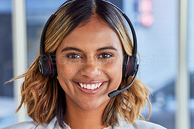 Buy stock photo Telecom, call center or portrait of happy woman in lead generation for communications company. Friendly smile, crm or face of Indian girl sales agent working online in technical or customer support
