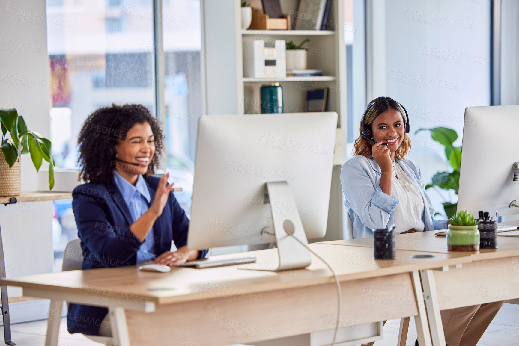 Buy stock photo Contact us, call center or women consulting in lead generation for communications company. Friendly people, crm employees or happy insurance sales agents working online in telecom customer services
