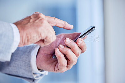 Buy stock photo Hands, phone and scrolling with a business man in his office, closeup for communication or networking. Mobile, contact and internet with a male employee typing a text message or making a call