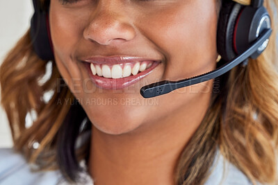 Buy stock photo Smile, call center or mouth of happy woman in lead generation for communications company. Friendly consultant, crm or zoom of Indian girl sales agent working online in technical or customer support