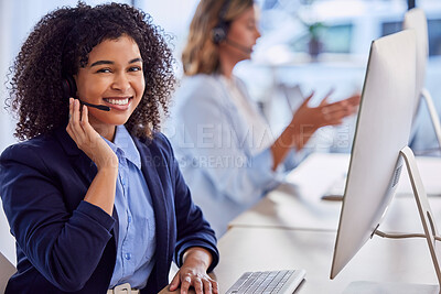 Buy stock photo Contact us, call center or portrait of friendly consultant woman by computer in communications company. Happy smile, crm or face of insurance sales agent working online on telecom customer support pc