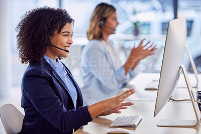 Buy stock photo Contact us, call center or happy woman by computer explaining in communications company office. Friendly smile, crm worker or telemarketing sales agent talking online in telecom customer support
