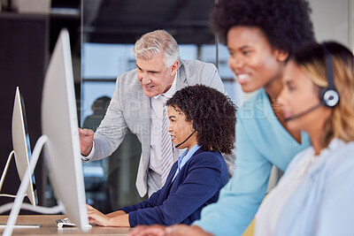 Buy stock photo Leadership, woman training or manager in call center coaching telemarketing employee in customer services. Contact us, crm help desk or senior mentor teaching happy agent on new job by computer 