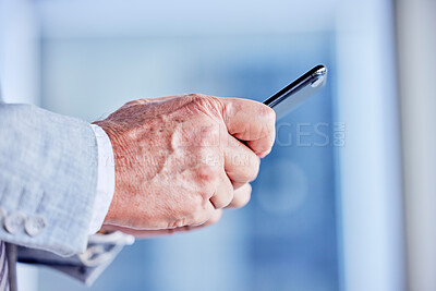 Buy stock photo Hands, phone and email with a business man in his office, closeup for communication or networking. Mobile, contact and internet with a male employee typing a text message or making a call