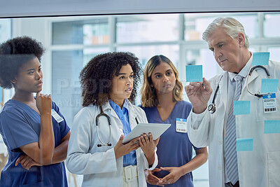 Buy stock photo Planning, training and doctors or people on glass board for workflow strategy, hospital management and internship. Medical students or women, healthcare mentor and clinic job priority on sticky note