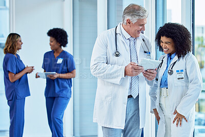 Buy stock photo Doctors, people and training on tablet for hospital management, happy results or research support. Diversity clinic, internship and planning of professional healthcare man with medical staff or woman