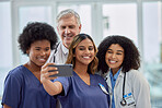 Selfie of doctors, nurses or healthcare group of people for social media update or hospital teamwork. Diversity women and internship manager smile in profile picture in career post, memory or website