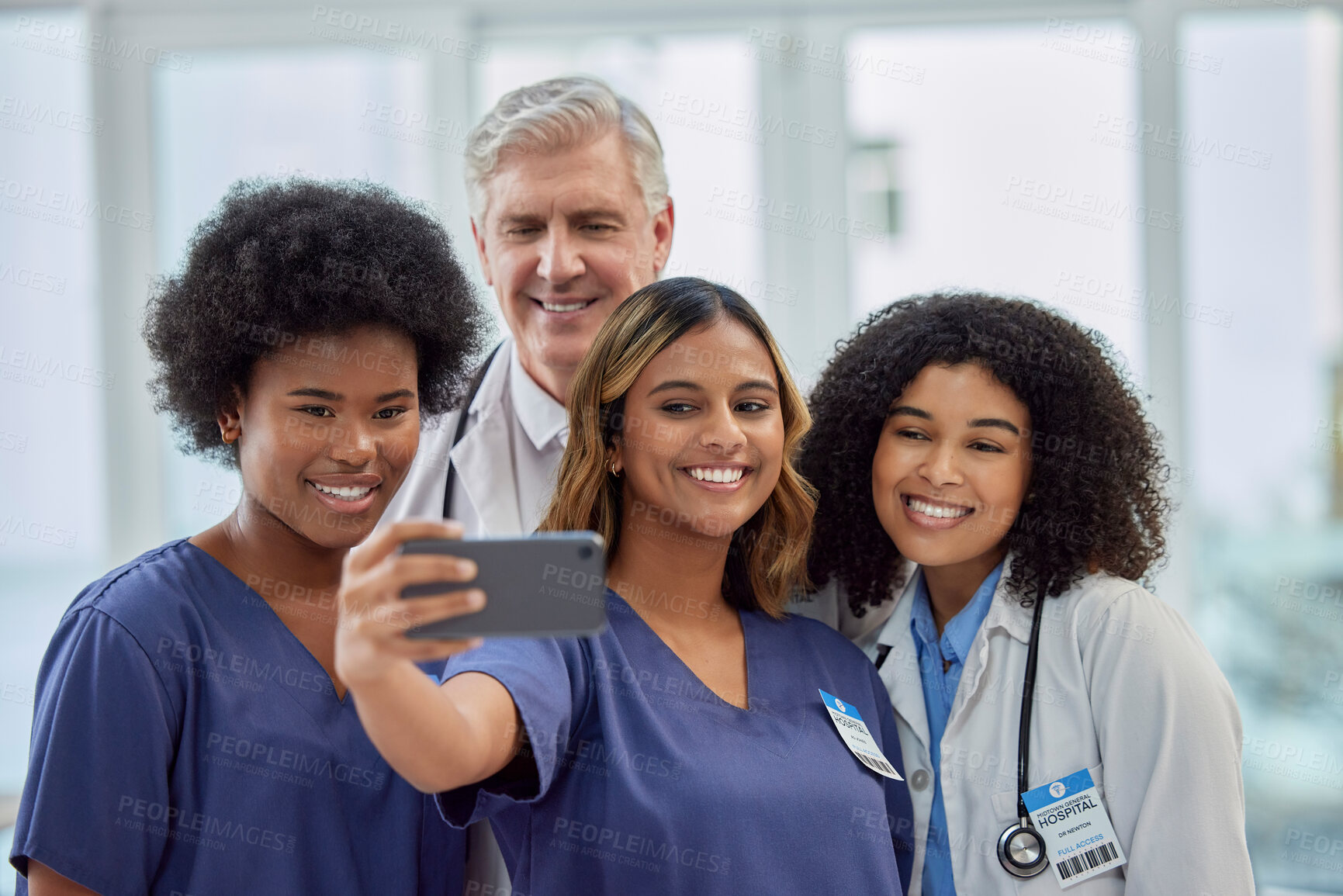 Buy stock photo Selfie of doctors, nurses or healthcare group of people for social media update or hospital teamwork. Diversity women and internship manager smile in profile picture in career post, team or website