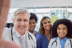 Selfie portrait of doctors, nurses or healthcare group of people for social media or medical teamwork. Face of diversity women and internship boss smile in profile picture for career post or memory