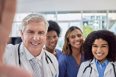 Buy stock photo Selfie portrait of doctors, nurses or healthcare group of people for social media or medical teamwork. Face of diversity women and internship boss smile in profile picture for career post or memory