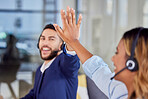 High five, happy people or call center with success in celebration for target deals, winning bonus or goals. Excited consultants, sales agents or friends smile with support, motivation or teamwork