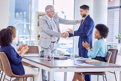 Buy stock photo Handshake, applause or happy business people with success, investment deal or b2b agreement in meeting. HR hiring welcome, thank you or job interview negotiation with senior human resources manager