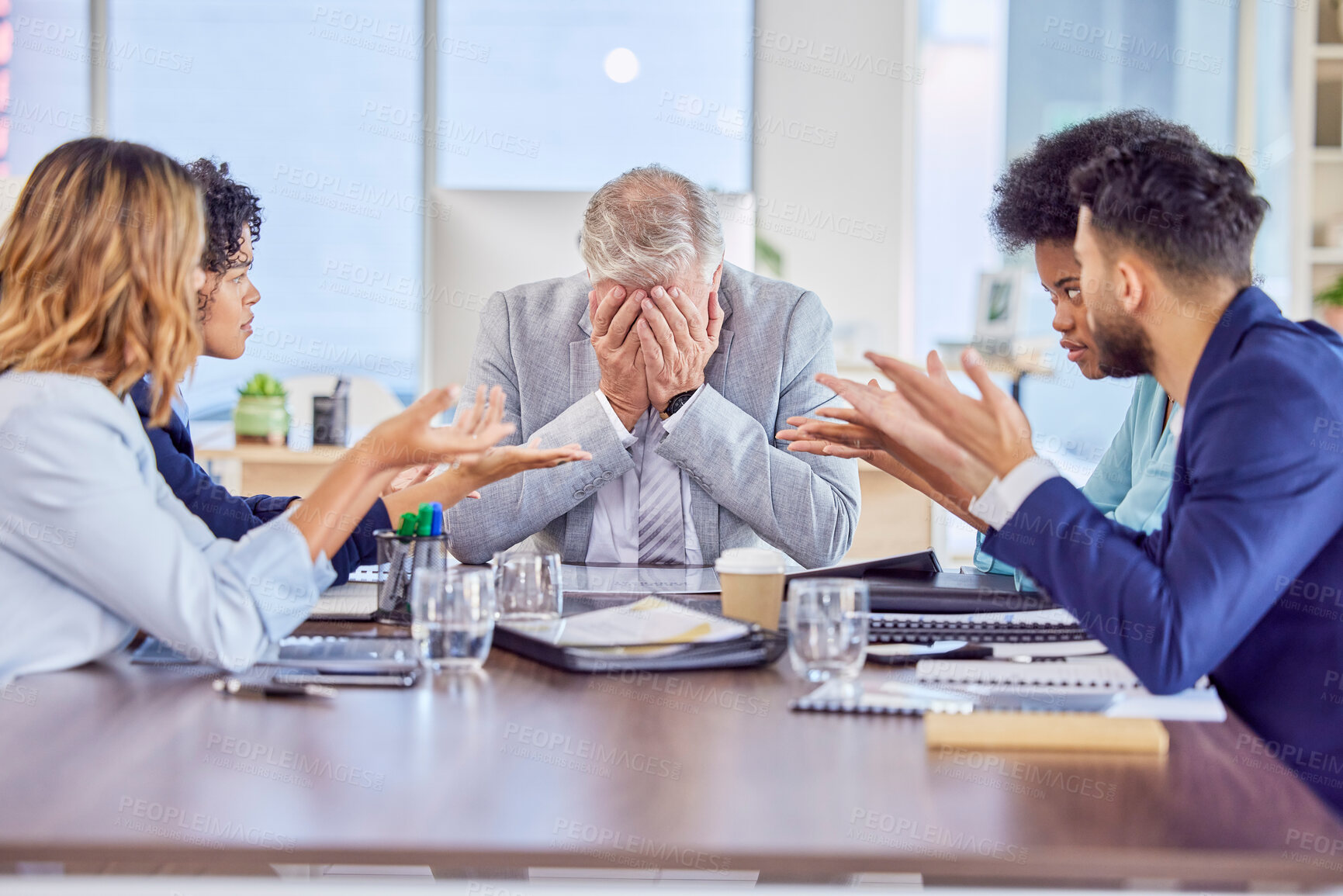 Buy stock photo Senior businessman in meeting with headache, anxiety or stress with mental health emergency in work office. Sick company manager with burnout and frustrated with migraine pain, problems or mistake
