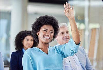 Buy stock photo Black woman, presentation and question in business, answer or FAQ in team meeting from audience in seminar. African female with hands raised in staff training, planning or strategy in crowd workshop