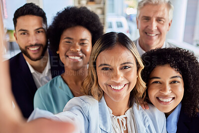 Buy stock photo Happy, friends and selfie with business people in office for social media, diversity and support. Workforce, picture and community with portrait of employees for diversity, group and solidarity