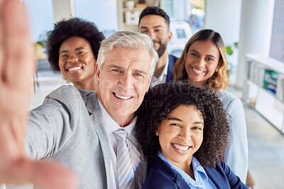 Buy stock photo Teamwork, friends and selfie with business people in office for social media, diversity and support. Workforce, picture and community with portrait of employees for diversity, group and happiness