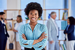 Black woman, business and leadership, arms crossed in portrait with confidence and smile in workplace. Team leader, management and professional female, ambition and happy with career success 