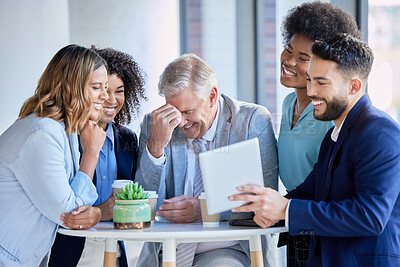 Buy stock photo Business people, tablet and laughing for funny joke, meme or social media post together at office. Corporate employees laugh with touchscreen for fun comedy entertainment on break at the workplace