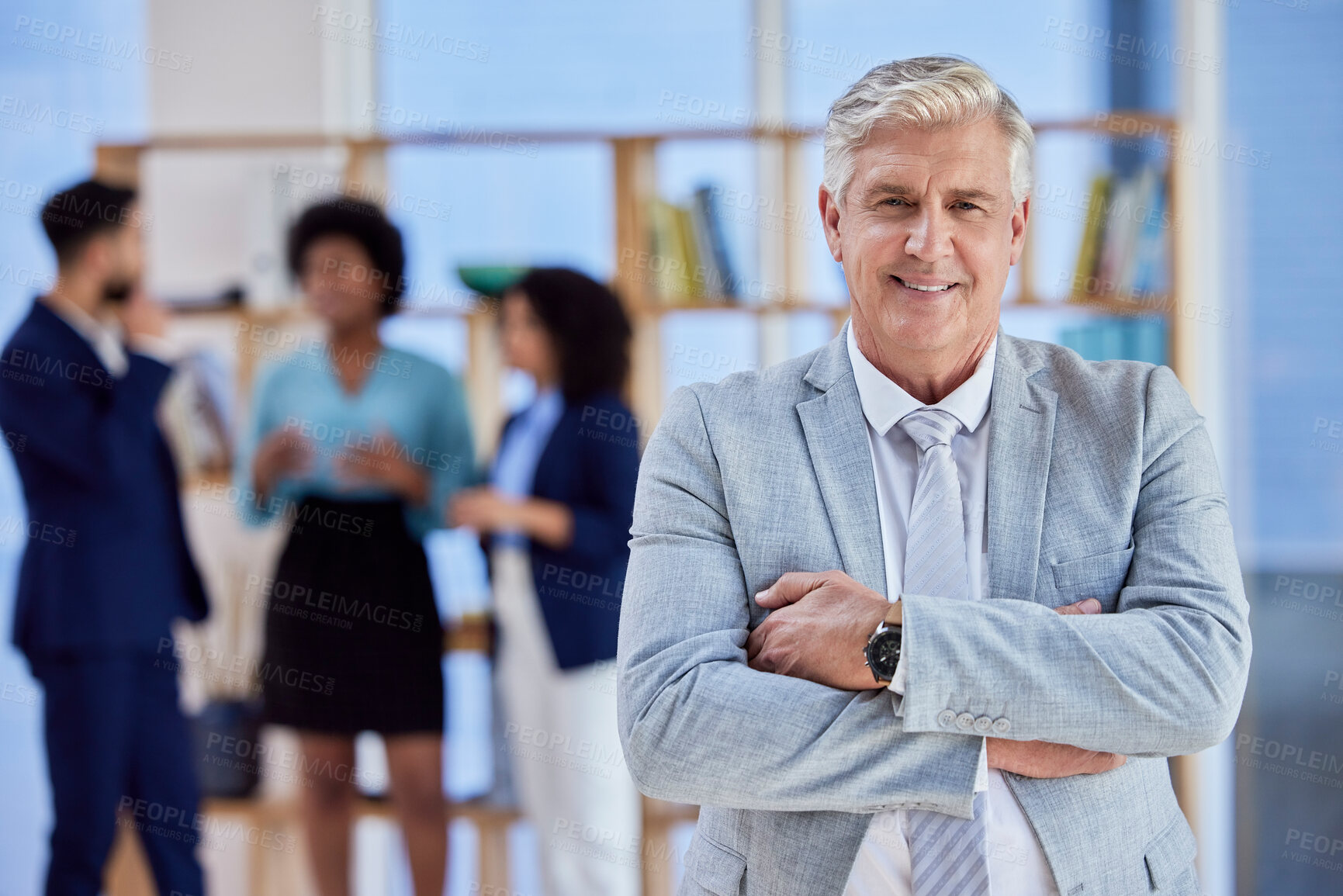 Buy stock photo Business man, leadership and arms crossed in portrait with senior executive, boss and smile in workplace. Team leader, management and professional mature male, CEO and happy with career success 